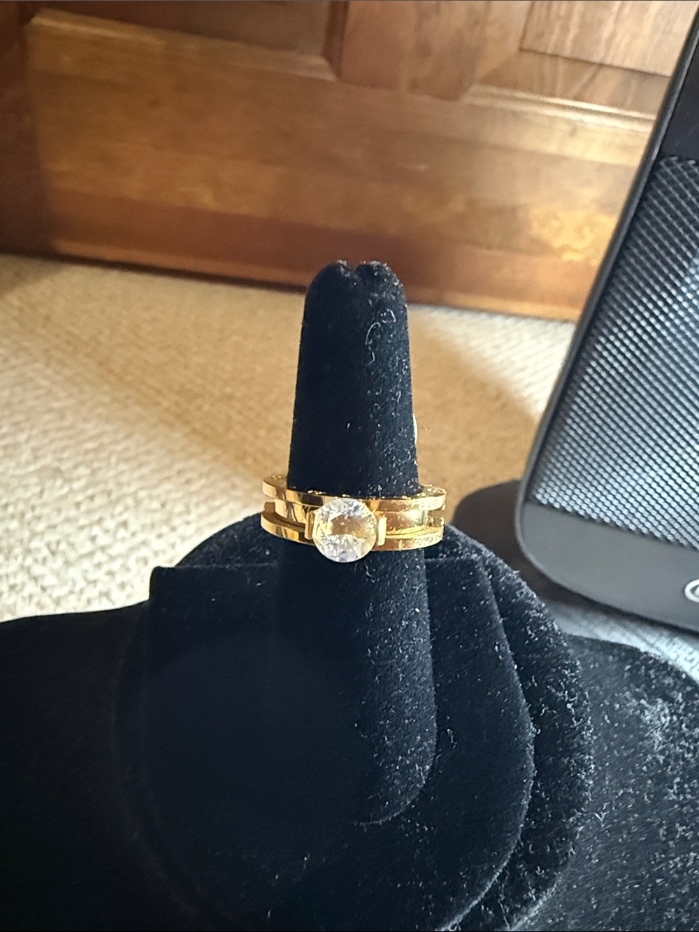 Gold Tone Solitaire Ring with Clear Stone - Women's Jewelry